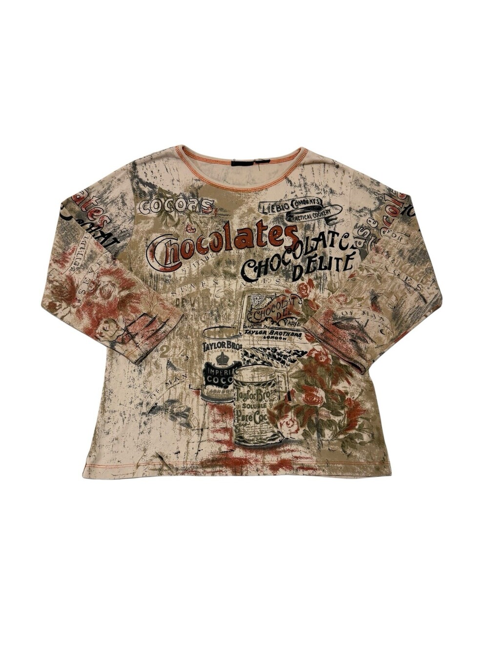 VTG Cactus Chocolat Graphic Top Long Sleeve Beige Chocolate All Over Print M Y2K